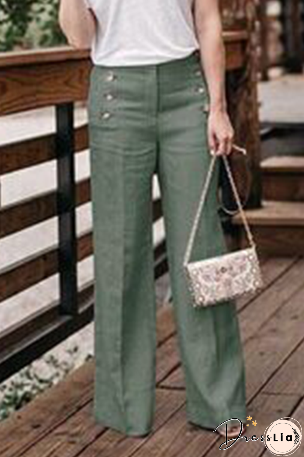 Casual Solid Buckle Straight High Waist Wide Leg Solid Color Bottoms