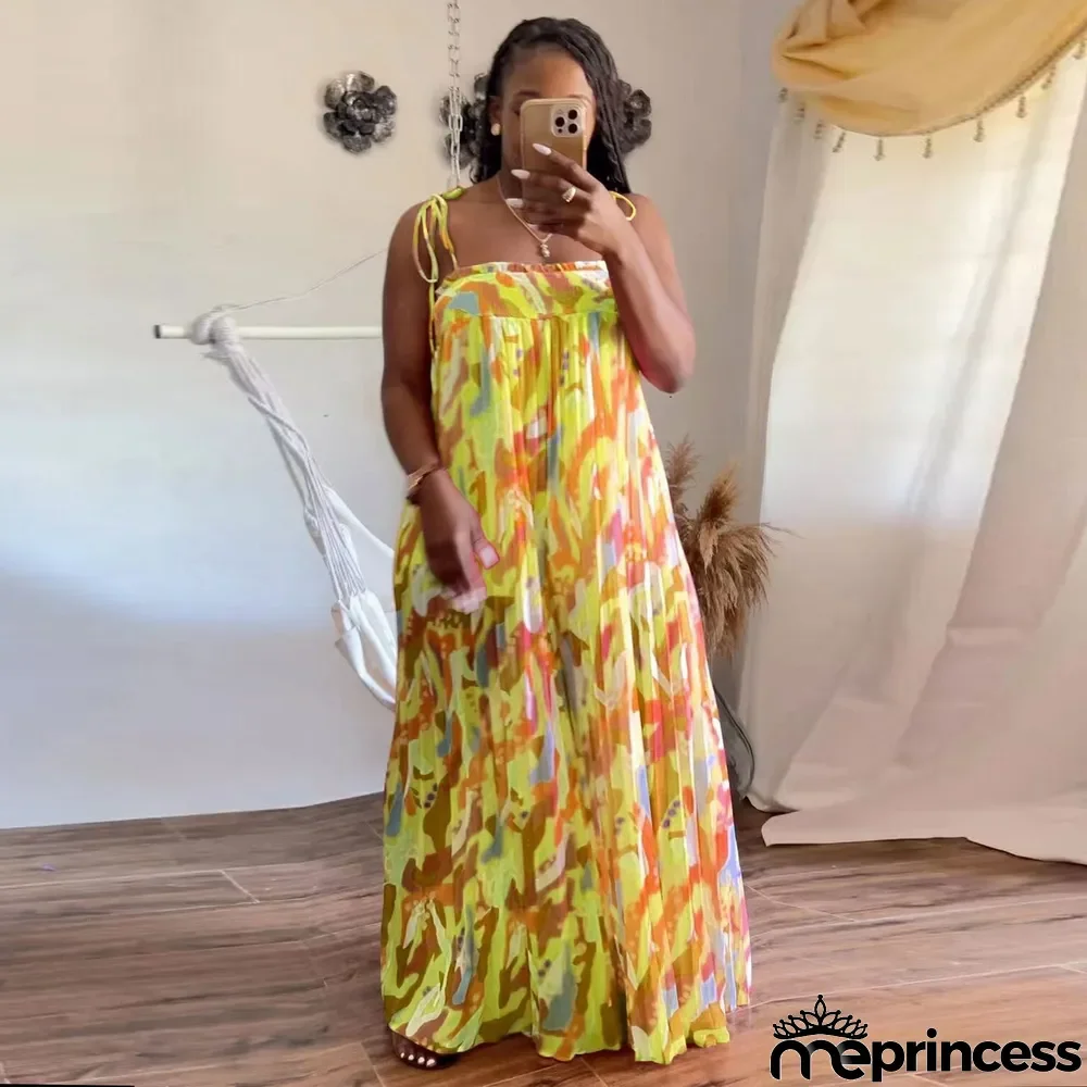 Sexy printed suspenders pleated wide-leg suspenders Jumpsuit