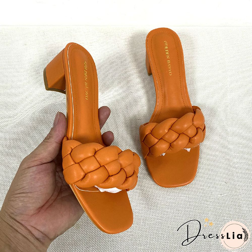 Summer Solid Weave Women Square Heel Sandal Fashion Thick High Heels Gladiator Outdoor Party Slides Ladies Sandals Shoes