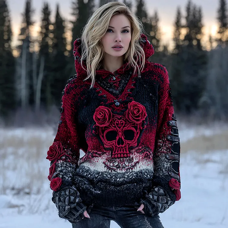 Women's Viking Gothic Rose And Skull Inspired Knit Hooded Sweater
