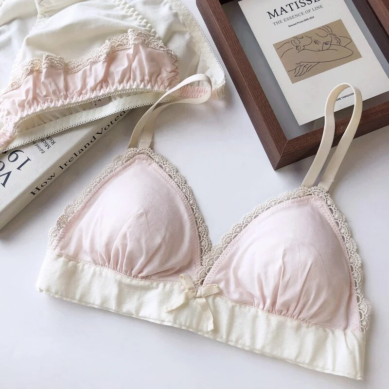 Wriufred Retro Cotton Wire Free Bra Sets Sexy Lace Lingerie Set Triangle Cup Women Bra Underpants Suit Girl Cute Bow Underwear