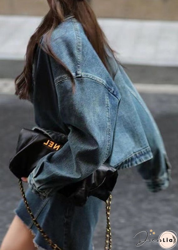 Retro Blue Peter Pan Collar Patchwork Button Denim Coats Long Sleeve
