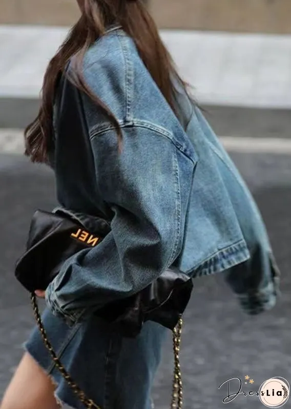 Retro Blue Peter Pan Collar Patchwork Button Denim Coats Long Sleeve