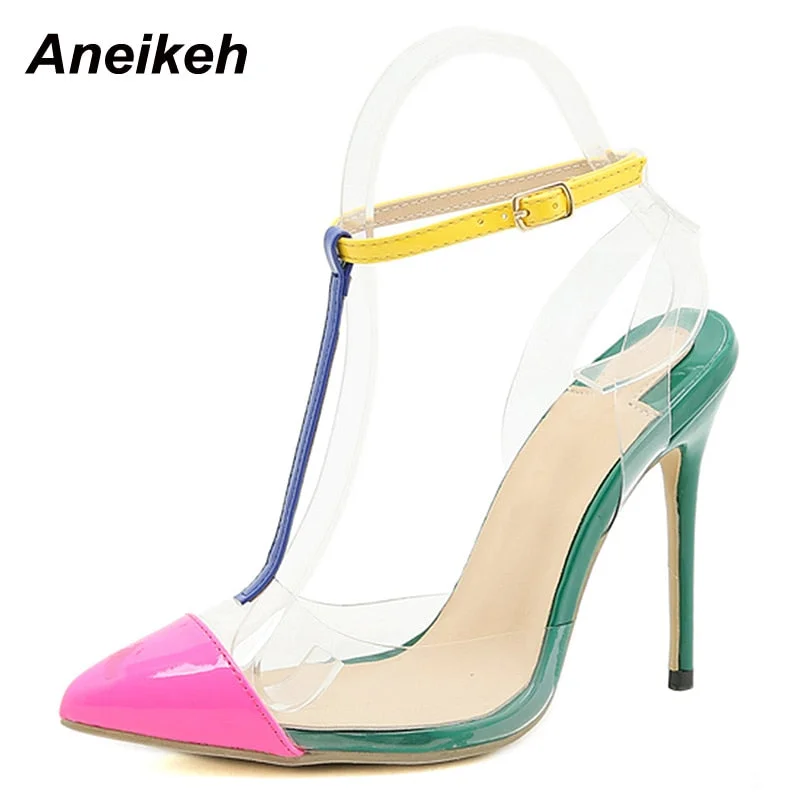 Aneikeh 2021 Fashion PVC Women's Pumps Ladies Shoes Pointed Toe T-Tied Mixed Colors Thin Heels Gladiator Sexy Slingbacks Party