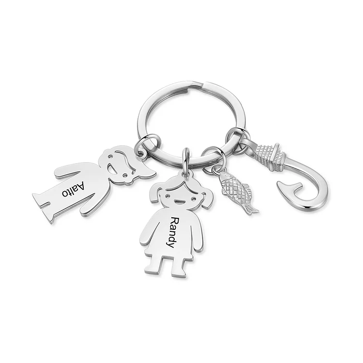 Fish Hook Keychain with 2 Children Charms Engraved Names Personalized Keychain