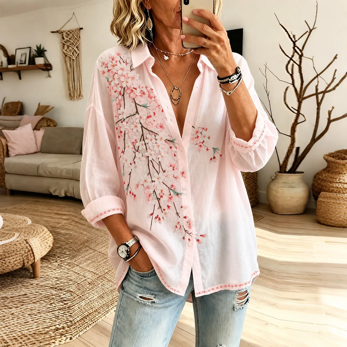 Comstylish Women's Vintage Floral Art Print Flowy Linen Blend Long Sleeve Shirts