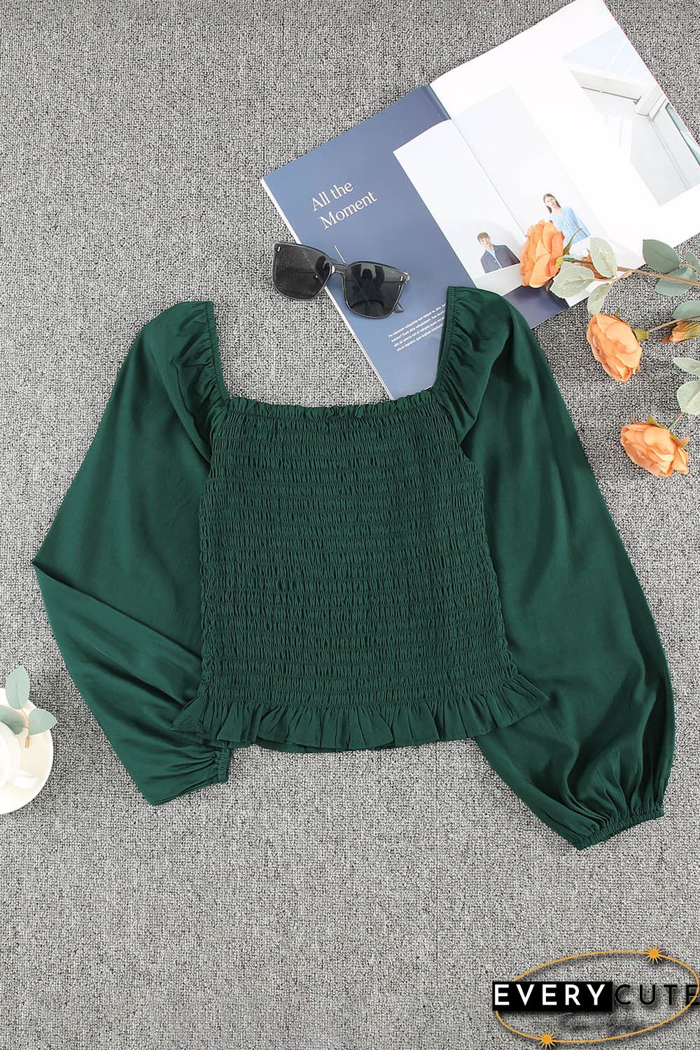 Green Puff Sleeve Smocked Top