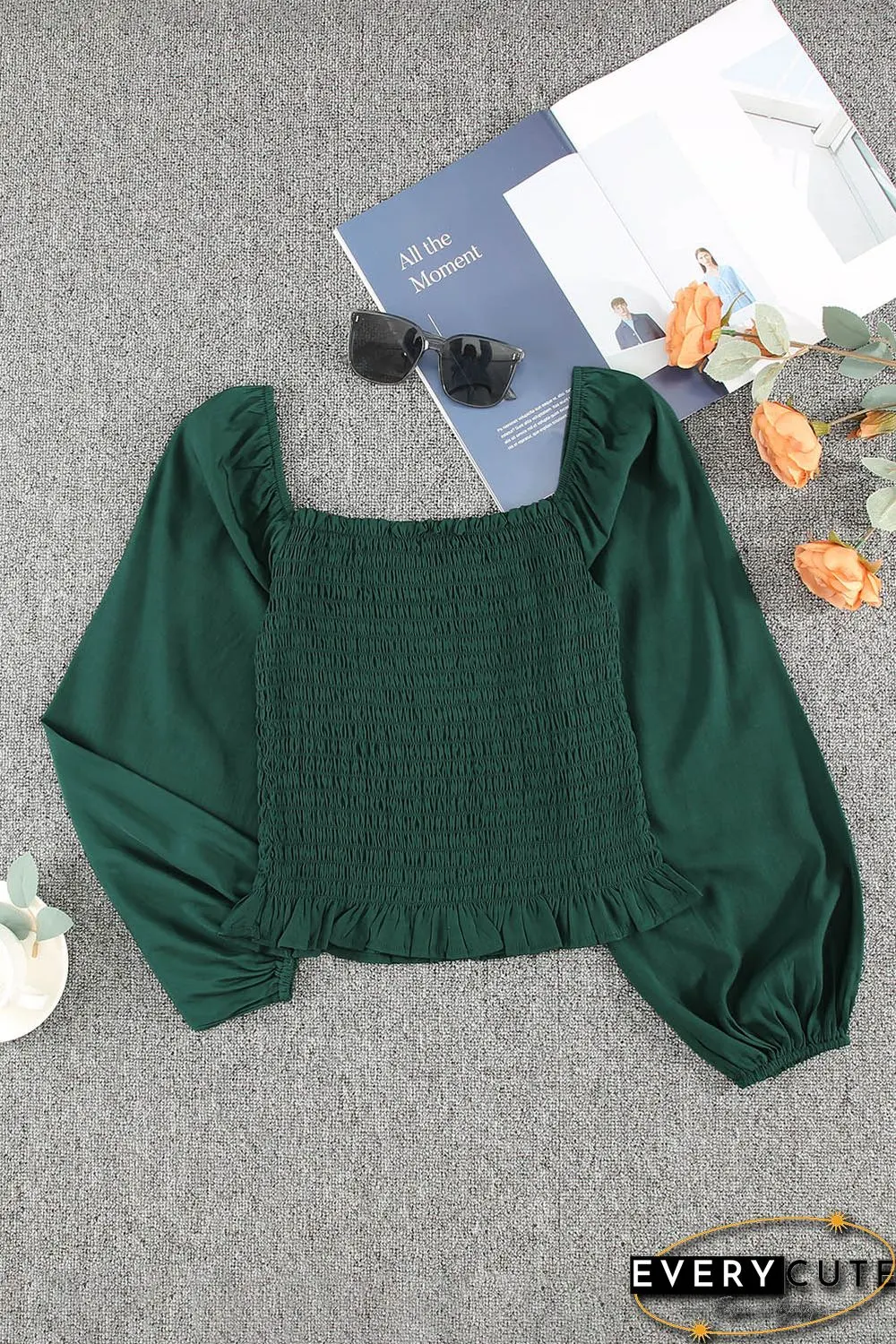 Green Puff Sleeve Smocked Top
