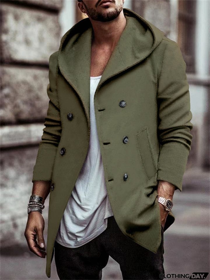 Men's Trendy Double-Breasted Hooded Casual Woolen Coat