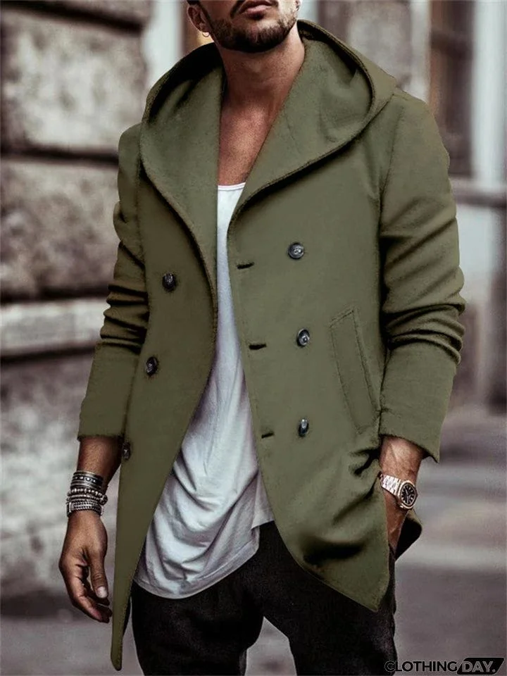 Men's Trendy Double-Breasted Hooded Casual Woolen Coat