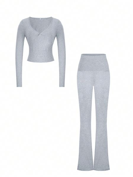Elegant Casual V-Neck Long Sleeve Two-Piece Set, Slim-Fit Crop Top & Pants for Fall Winter, Moderate Fabric, Plain Color Design