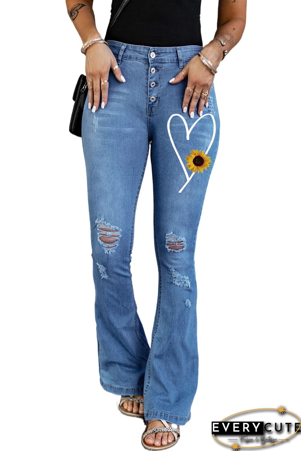 Sky Blue Sunflower Heart Print Button Fly Distressed Flare Jeans