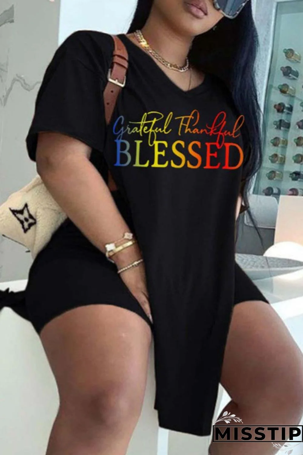 Black White Casual Print Patchwork V Neck Plus Size Two Pieces