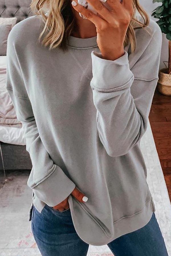 Casual Solid Split Joint Basic O Neck Tops