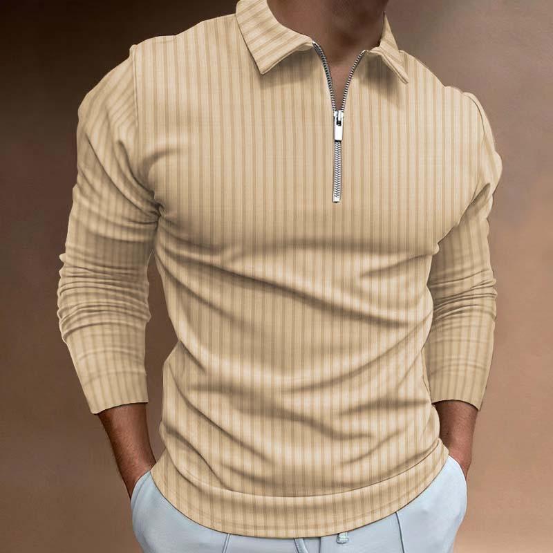 Men's Casual Striped Lapel Long Sleeve Zipper Polo Shirt 19330625M