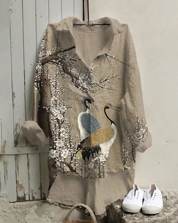 Cherry Blossoms Flying Crane Cotton And Linen Tunic Shirt