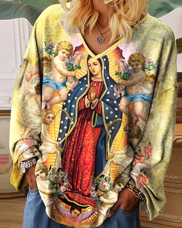 Women's V-neck Long Sleeve Printed Plus Size Top