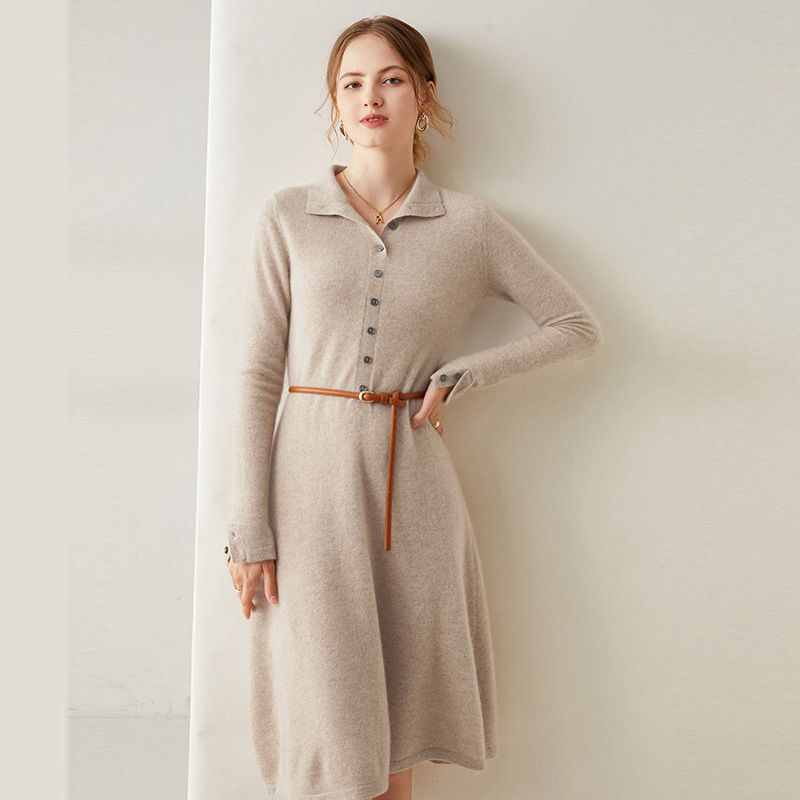 Polo Collar Button Style Cashmere Dress REAL SILK LIFE