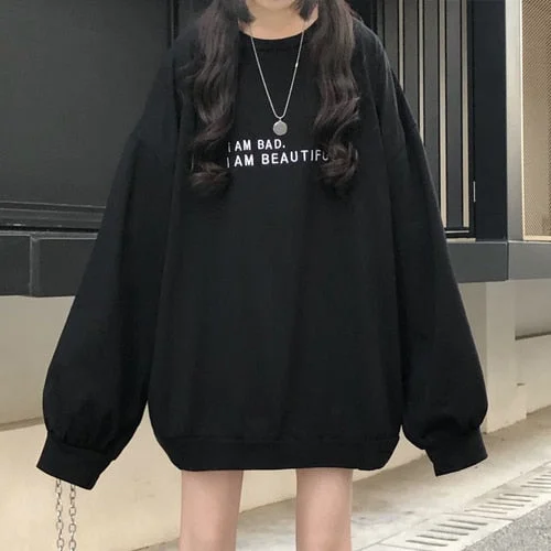 Harajuku thin Sweatshirt Women Sweatshirts Pullover Oversized Casual Long Sleeve long Top letter printed hoodie black sweatwear