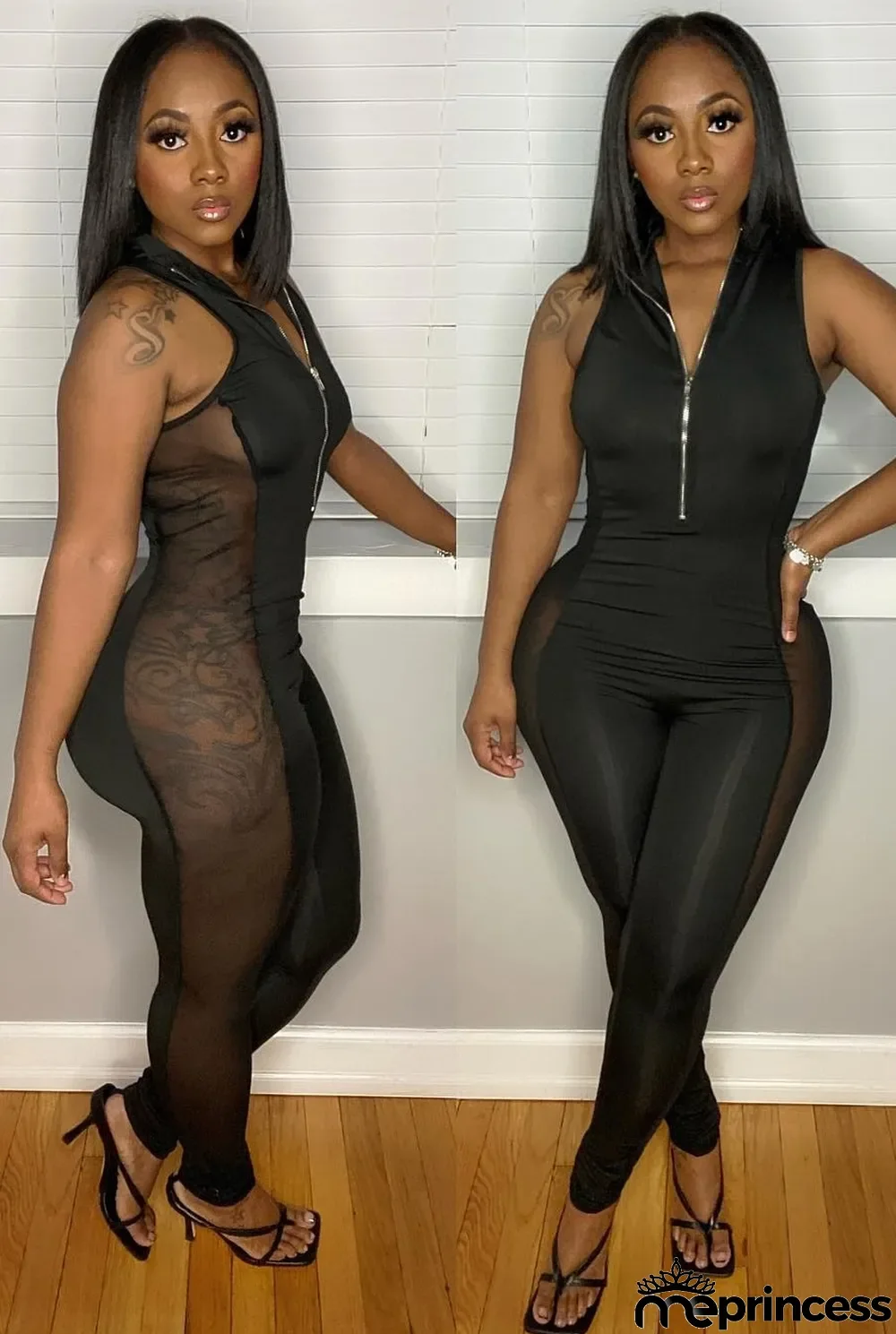 Women Summer Black Sexy Turn-down Collar Sleeveless Solid Mesh Zippers Full Length Regular Jumpsuit
