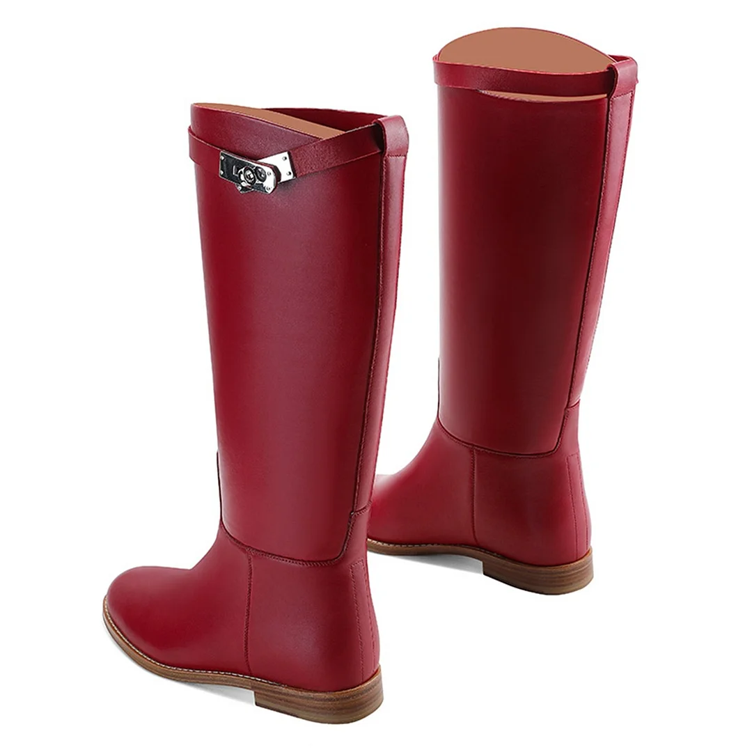 Fashion Red Round Toe Slip On Knee High Flat Boots for Women