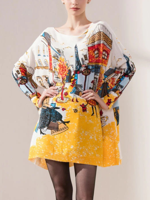 Loose Cartoon Printing Round Collar Long Sleeve Sweater Dress