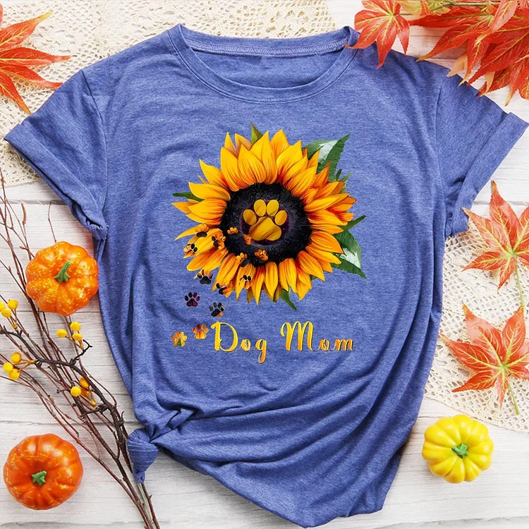 Sunflower And Dog Mom Round Neck T-shirt-0019390