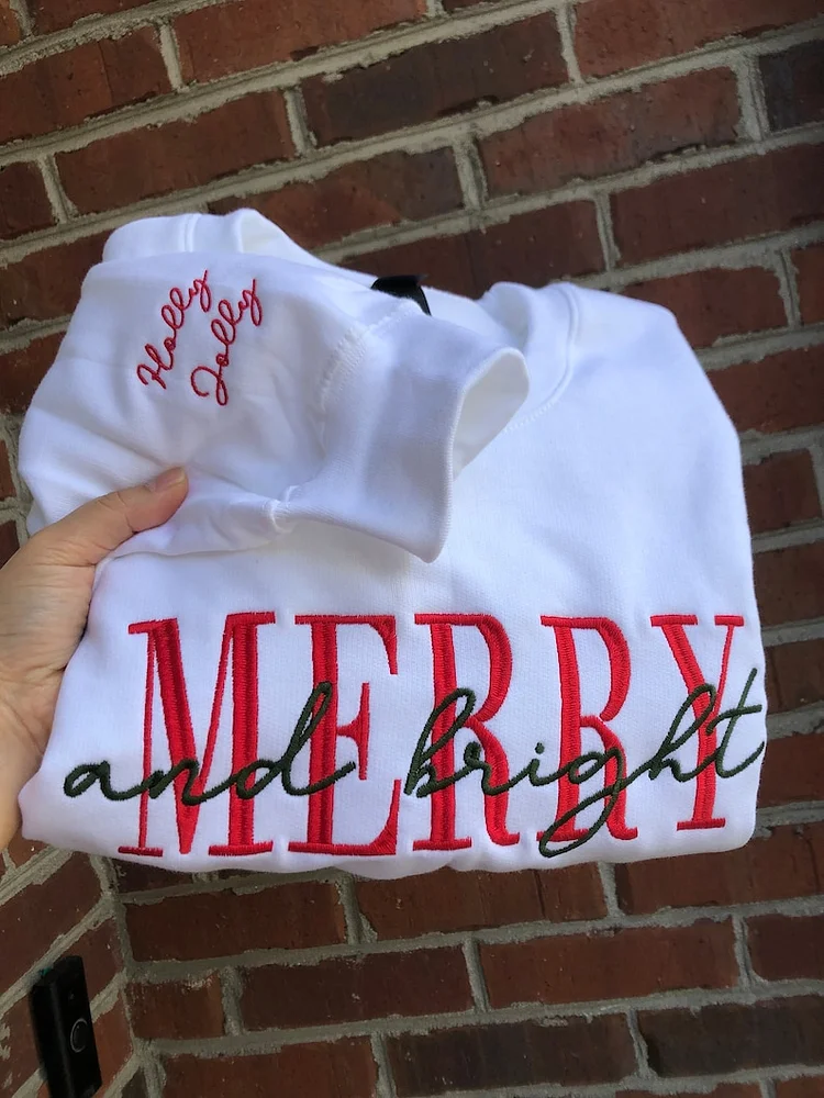 Embroidered Joyful Bright Crew Neck Comfortable Sweatshirt - Christmas Gift Anniversary