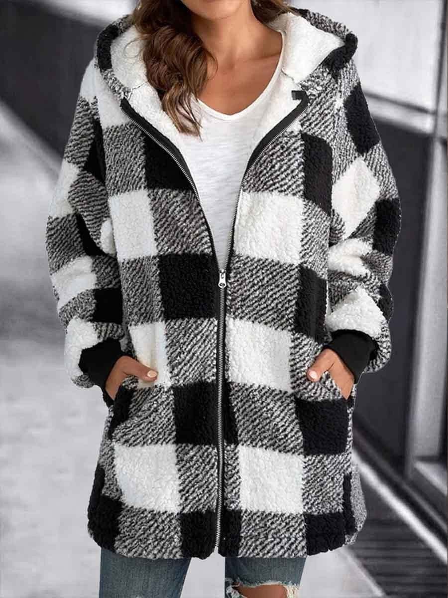 Casual Check Plush Thermal Hooded Coat