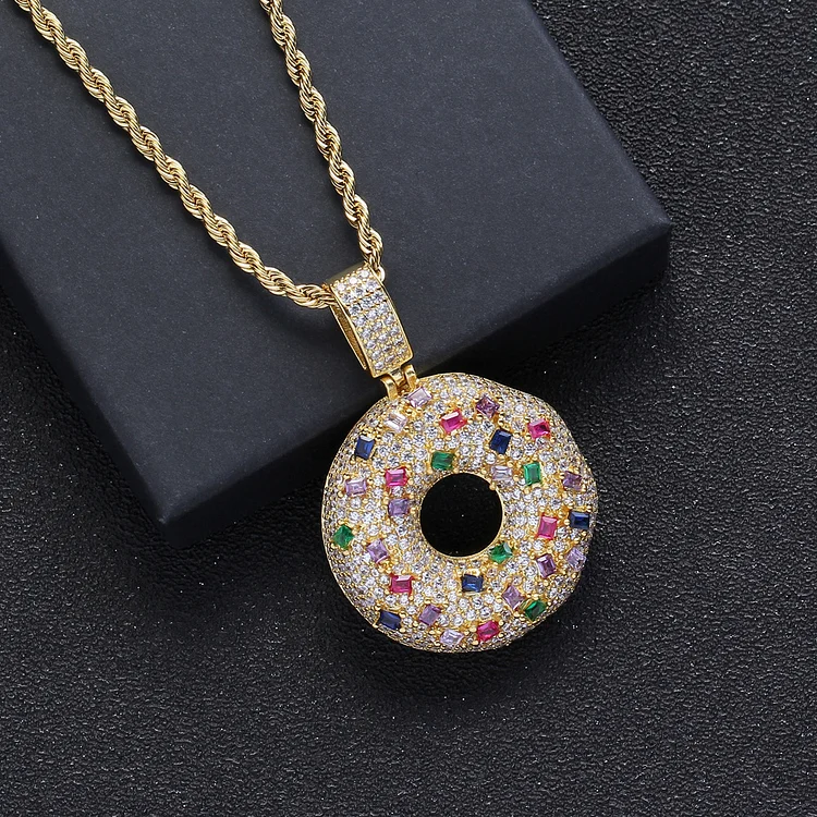 Iced Out Doughnut Pendant Necklace Full Cubic Zirconia Jewelry