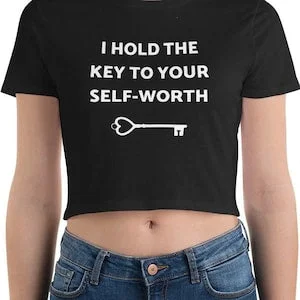 pornhint Pornhint Hold key to self-worth chastity crop top cuckold shared wife mistress bdsm, cuck humiliation bellyshirt tee femdom dominatrix keyholder joke