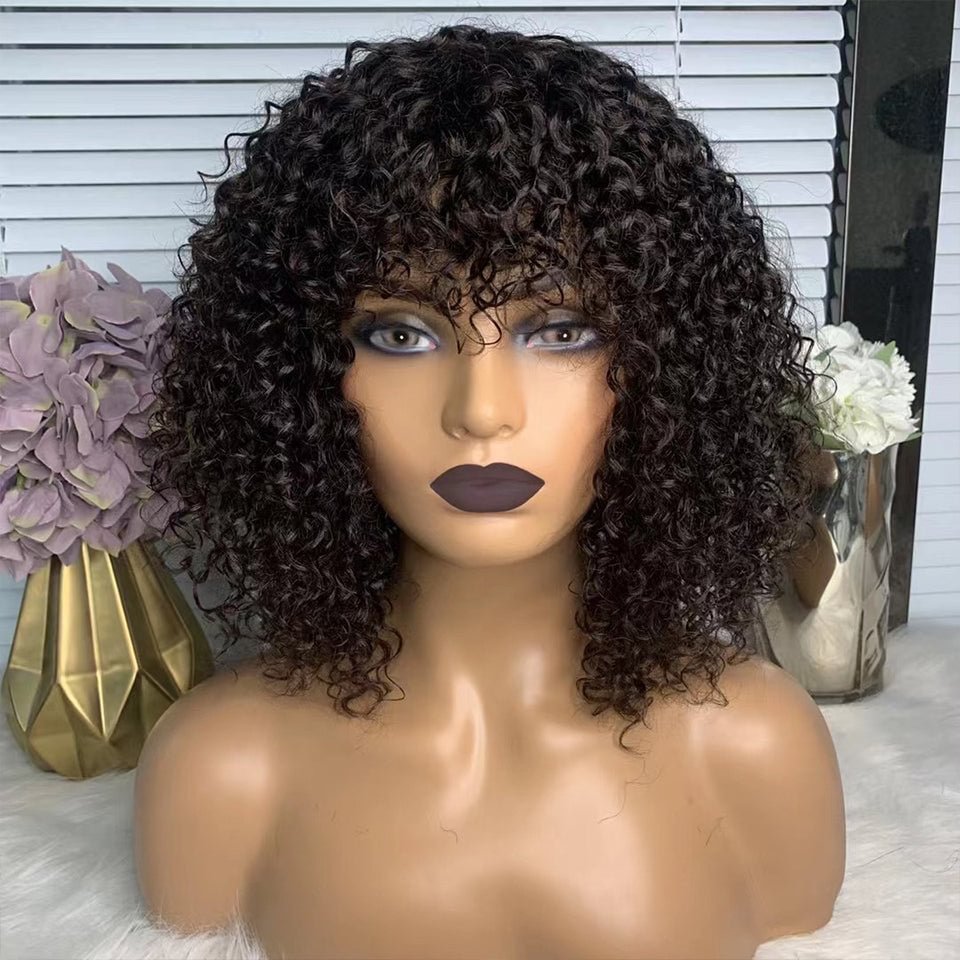 Romantic Wave Black Wig for Women with Bangs Machine Made Wig
