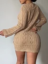 Deep V-Neck Long Sleeve Drawstring Knitting Mini Dress