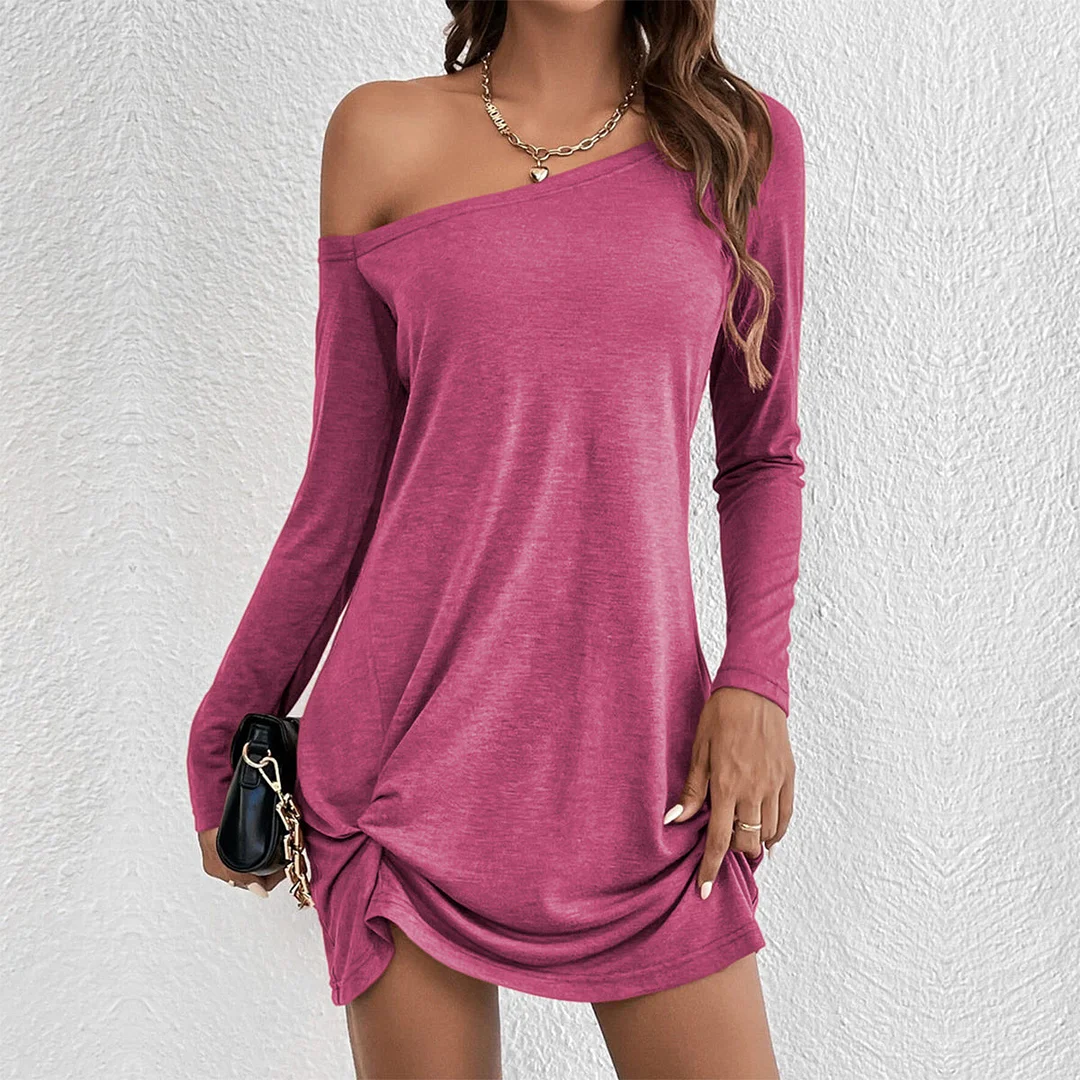 Skew Neck Solid Long Sleeve Casual Dress