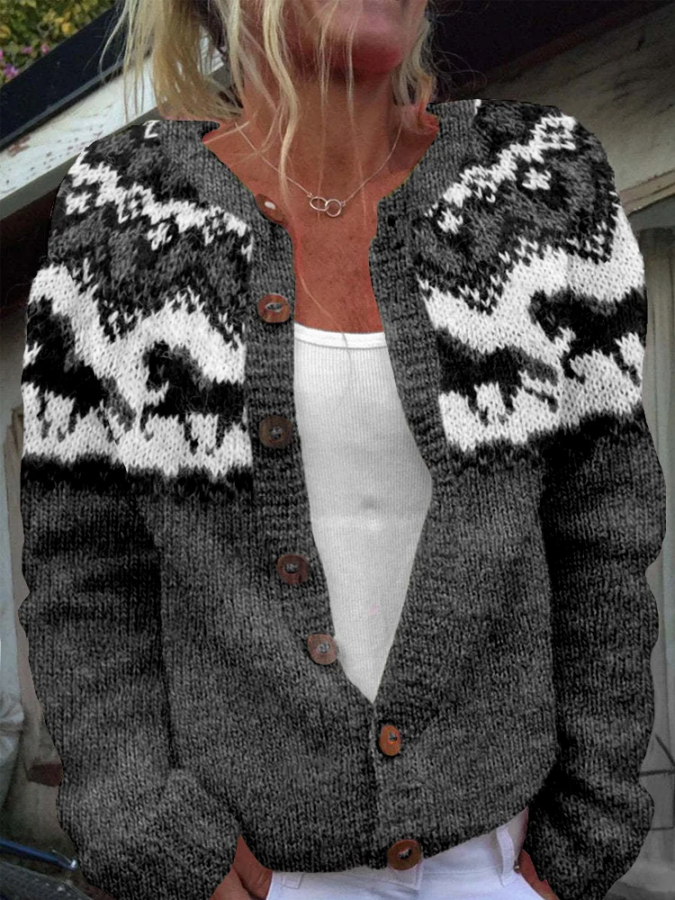 Vintage Horse Icelandic Pattern Cozy Knit Cardigan