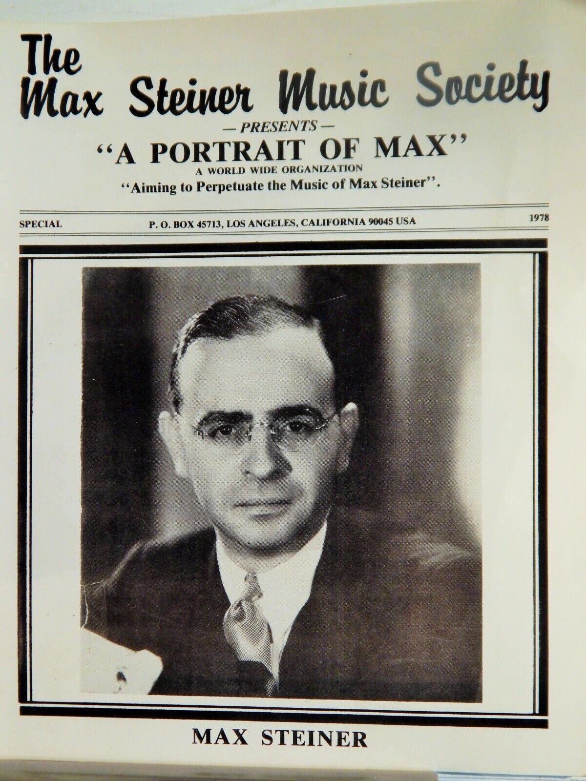 MAX STEINER SOCIETY 1978 PORTRAIT OF MAX NICE Photo Poster painting GALLERY COVERING FILM MUSIC