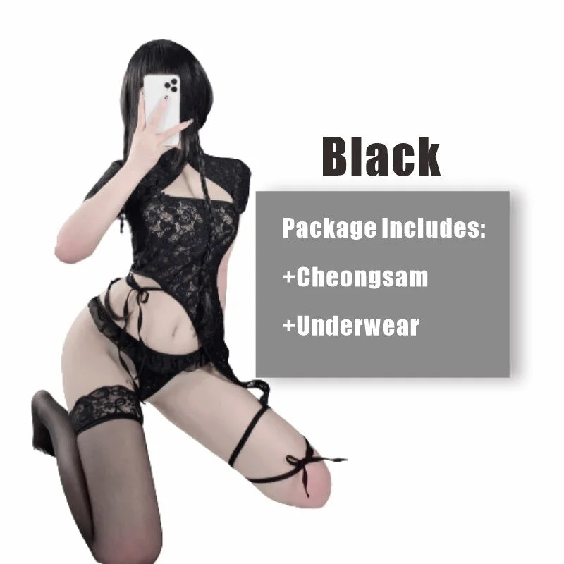 OJBK Sexy Lingerie Temptation Cheongsam Suit Chinese Qipao Uniform Lace Perspective Hollow out Charming Nightgowns Mini Dress
