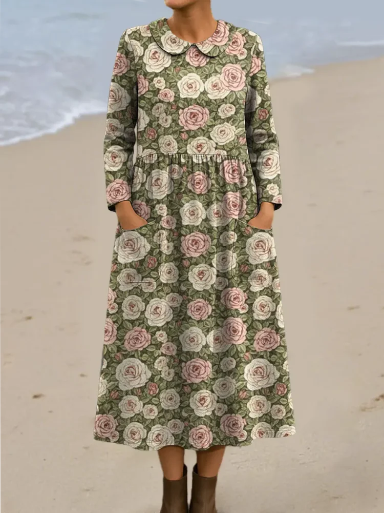 Women's Vintage Floral Art Print Casual Cotton Dress