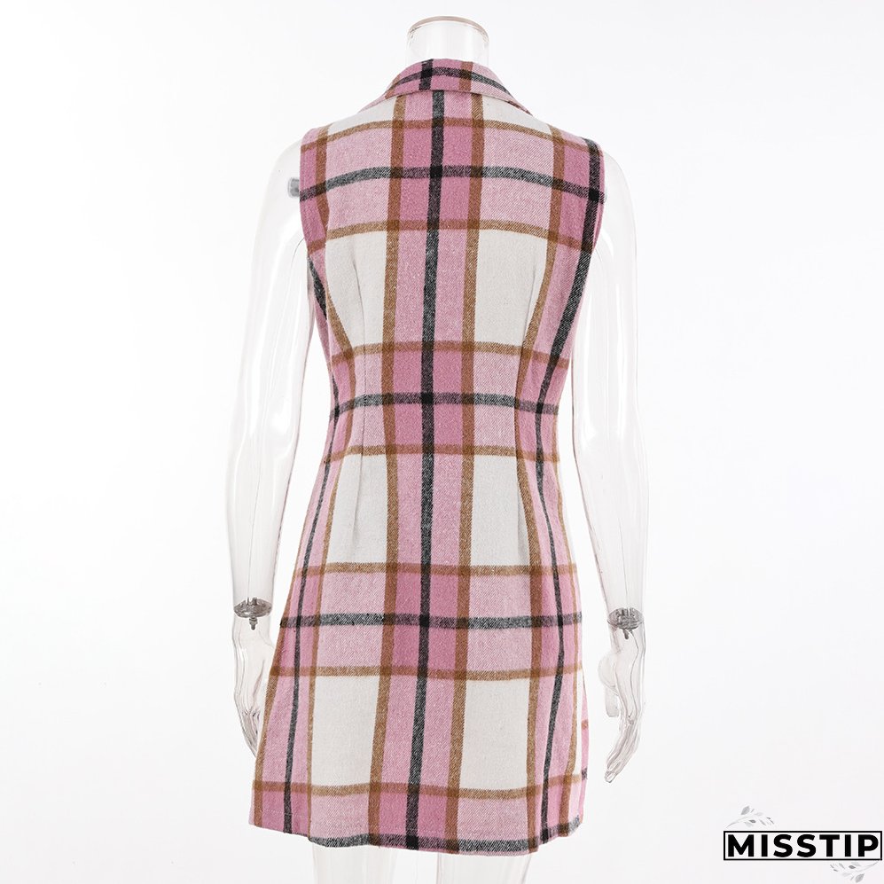 Women's Fashion Plaid Long Vest Turndown Collar Sleeveless Blazer