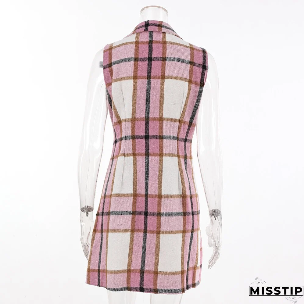 Women's Fashion Plaid Long Vest Turndown Collar Sleeveless Blazer