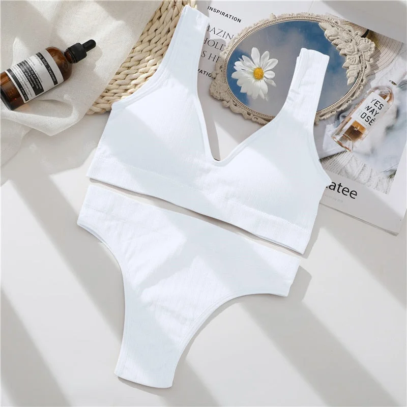 FINETOO Padded Bra Set Women Backless Tops Seamless Panties Female Deep V Bralette M-XL Wireless Bras Suit Ladies Lingerie 2021