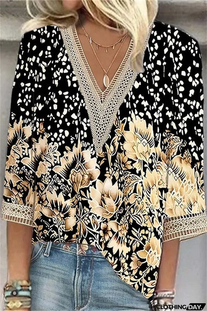 Casual Street Print Patchwork V Neck T-Shirts(6 Colors)