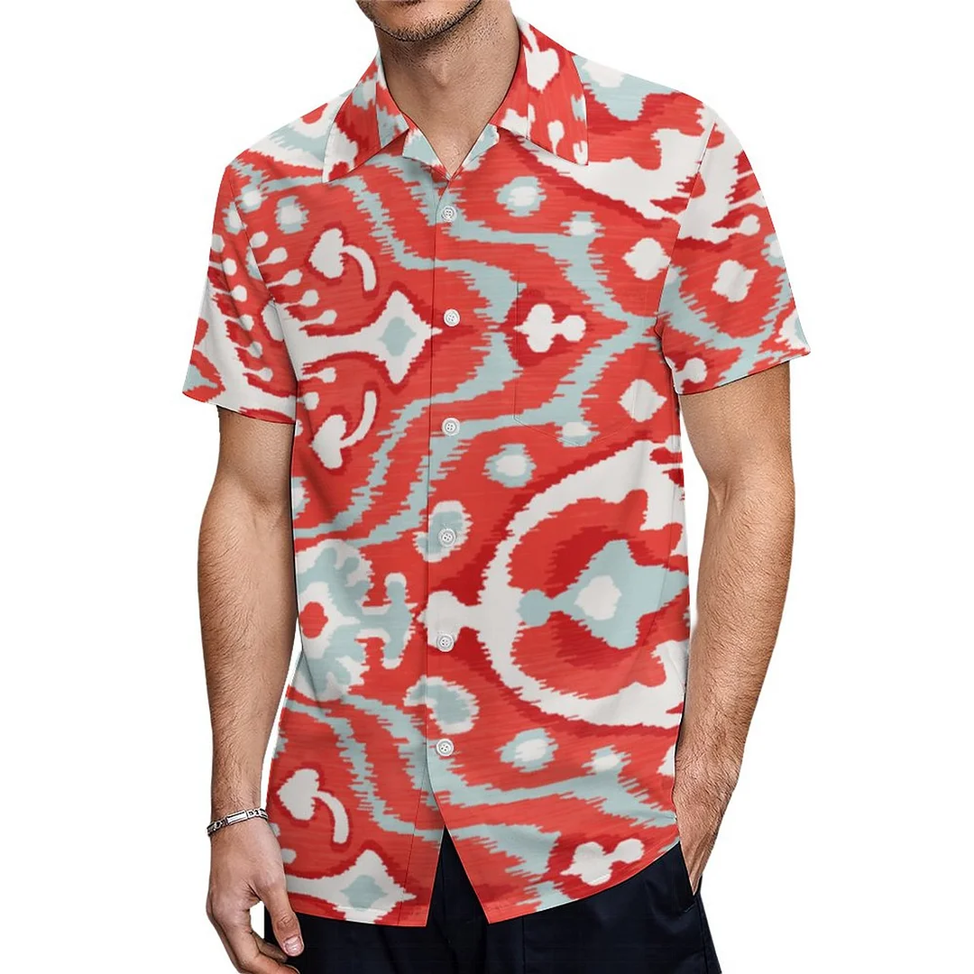 Bold Red Turquoise White Ikat Tribal Hawaiian Shirt Mens Button Down Plus Size Tropical Hawaii Beach Shirts