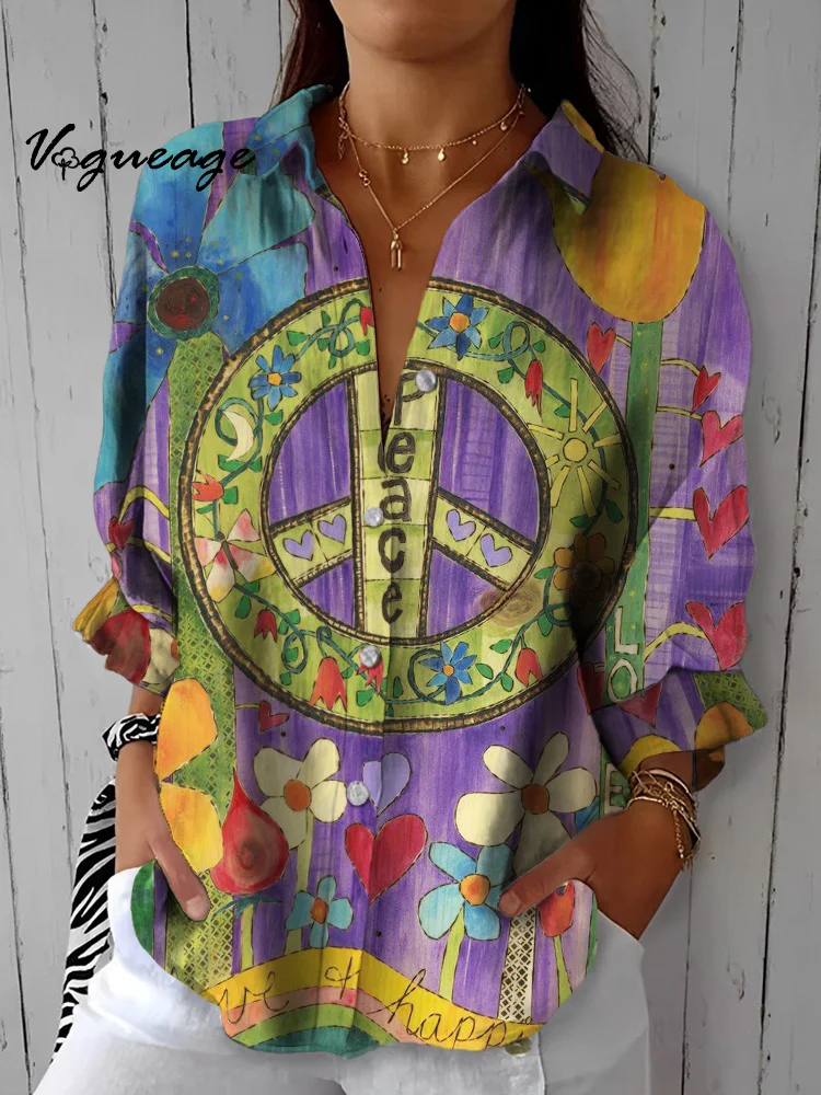 Peace And Love Around Flowers Printed Cotton And Linen Shirt
