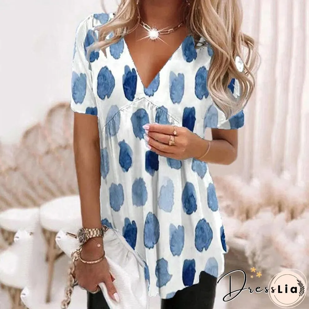Printed Womenv Neck Pleated Tunic Tops