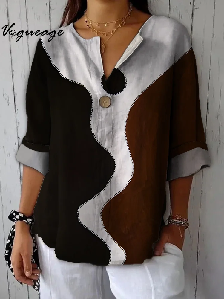 Fashionable And Versatile Color Stripe Splicing Printed Cotton And Linen Shirt