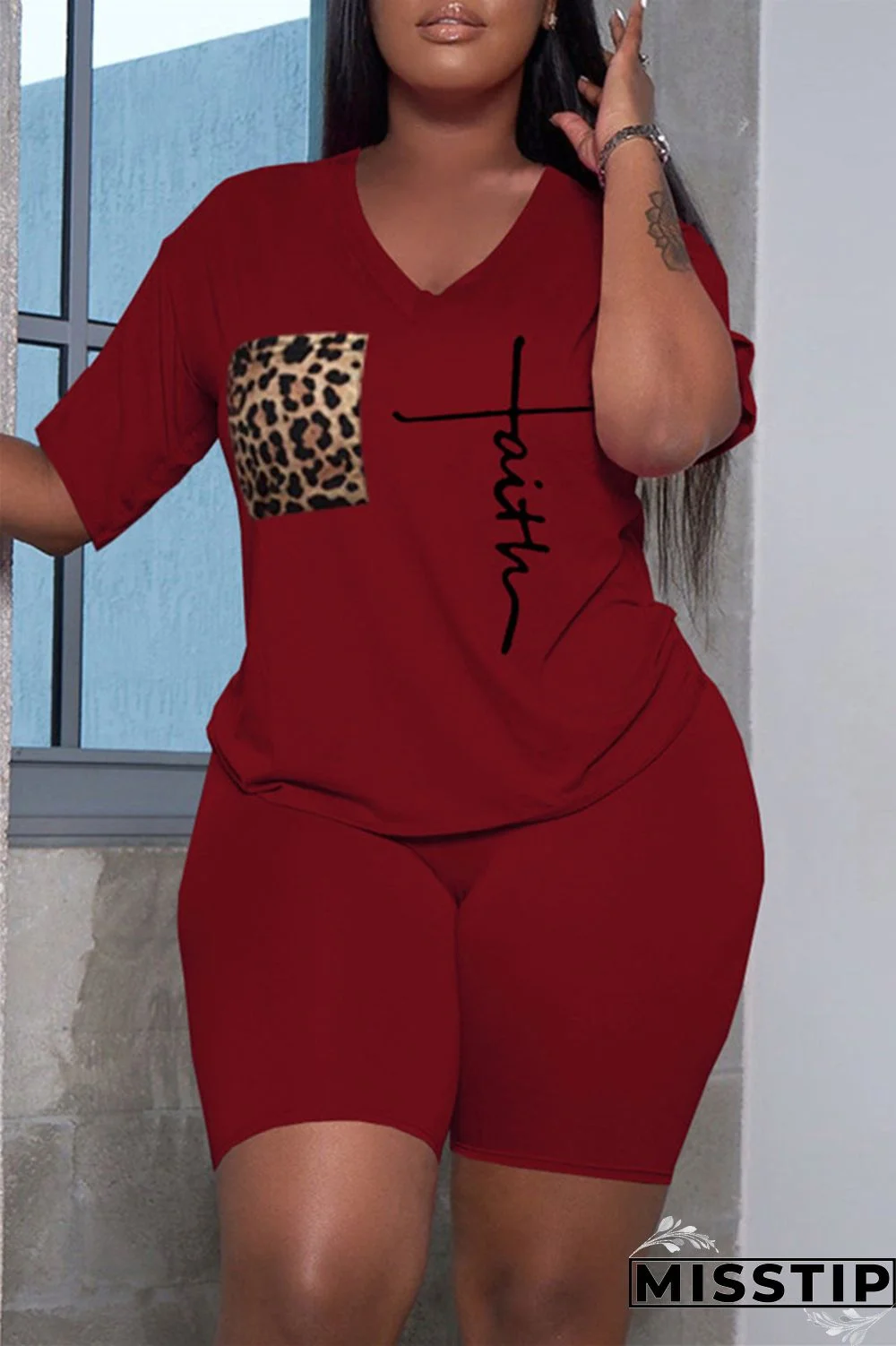 Dark Gray Fashion Casual Print Basic V Neck Short Sleeve Two Pieces