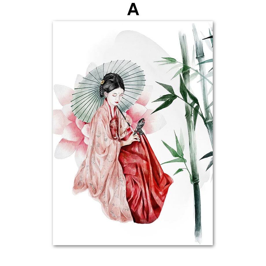 Eastern Geisha Fashion Illustration Prints Wall Art Canvas Painting Women Cranes Carp Poster Wall Pictures For Living Room Decor