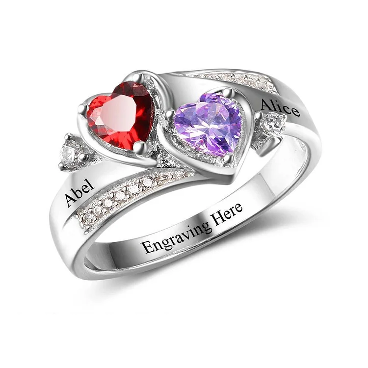 Personalized Promise Ring with 2 Birthstones Engravavle Custom Ring with Heart Birthstones Sterling Silver