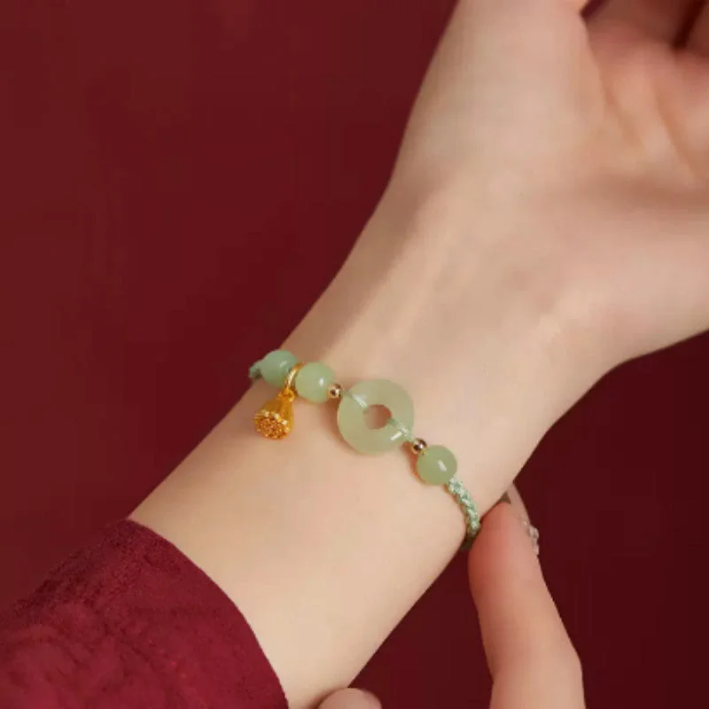 Round Peace Buckle Jade Lotus Happiness Abundance Wealth String Bracelet